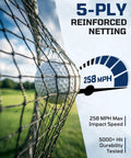 Backyard Golf Hitting Net For Indoor Outdoor Practice 10x8ft With Heavy Duty Netting showing 258 MPH impact test result.