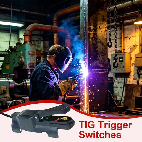 Welder using Finger Control TIG Torch Accessory with Anti Slip Grip for precise on off quick release welds, shown with TIG trigger switches.