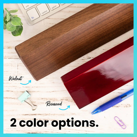 Blank Wood Desk Nameplate 2 By 8 Inches In Walnut Or Rosewood Finish Customizable With Your Text Or Logo shown with keyboard and clips