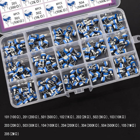 Open box of 120 potentiometers with 15 values from 100 Ohm to 2M Ohm, for Fifteen Value 100 Ohm To 2M Ohm Variable Resistor Potentiometer Kit for DIY
