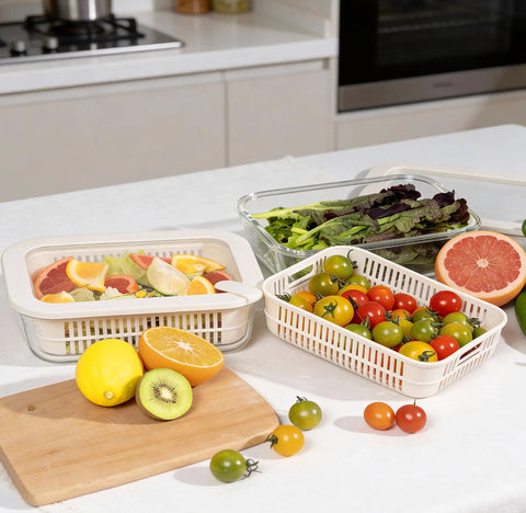 Square Glass Food Storage Containers With Glass Lids For Grab And Go Meals Microwave Safe Borosilicate Glass Leakproof Meal Prep Set BPA Free Removable Colander Silicone Lid 2 Pack with fruits and vegetables displayed on a kitchen counter