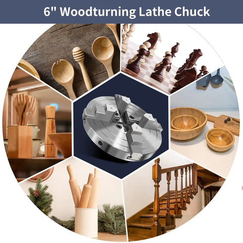 6 Inch Wood Lathe Chuck Set With Four Self Centering Jaws for woodturning projects and crafts display.