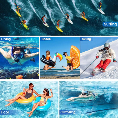 Three Pack Universal Waterproof Phone Pouches With IPX8 Dry Bag Case in swimming, diving, beach, surfing, pool, skiing scenes