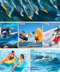 Collage of surfing, diving, beach activities, skiing, and swimming highlighting the versatility of the Waterproof Phone Pouch 2 Pack IPX8 Dry Bag Case Fits Any Phone Up To 8.4 Inches, Shields Your ID Cash Cards Passport While Beach, Boat, Kayak, Hiking, Poolside Travel, Or Outdoor Adventures