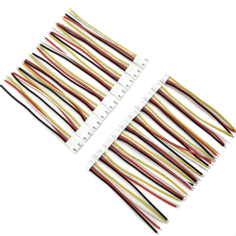 XH 2.54mm 4 Pin Male and Female Connector Kit with 10cm 22 AWG soft silicone wires, multiple colors, aerial view
