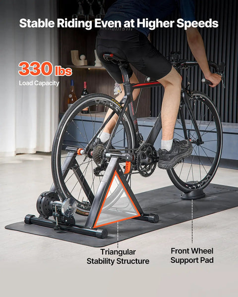 Cyclist using Foldable Magnetic Bike Trainer With Six Level Resistance Fits 26 To 29 Inch And 700C Road Wheels Indoor Cycling Stand