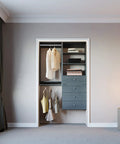 Fully Assembled Grey Closet Organizer Kit With Double Hanging Rods, Shelves, And Drawers As A 54 Inch Corner Unit for organized storage.