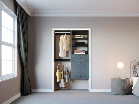 Fully Assembled Grey Closet Organizer Kit With Double Hanging Rods, Shelves, And Drawers As A 54 Inch Corner Unit for organized storage.