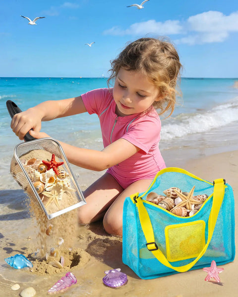 Child using Ultimate 24 Piece Beach Toys Set for Kids Ages 3 to 10 with metal sand sifter, mesh bag, and seashell gems on beach.