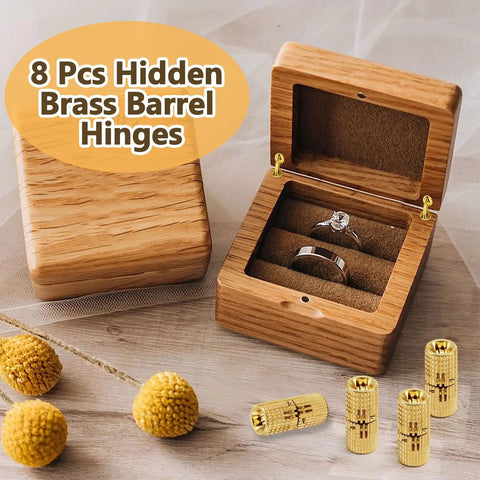 Open wooden jewelry box with rings showcasing 8mm Brass Barrel Hinges Set for Concealed Cabinets and Jewelry Boxes Hidden Hinges with 180 Degree Opening Durable Solid Brass Finish DIY Friendly for Small Furniture Projects