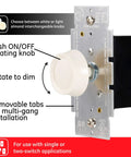 Two Pack 3 Way Rotating Dimmer Switch With Push On Off For Dimmable LED CFL And Incandescent Bulbs with white knob