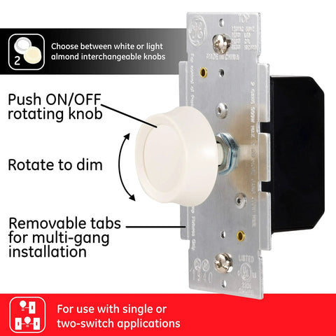 Two Pack 3 Way Rotating Dimmer Switch With Push On Off For Dimmable LED CFL And Incandescent Bulbs with white knob