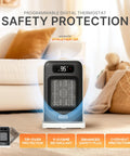 Cozy Up Quick Heat Space Heater With Dual 1500 And 900W Power, shown on a floor with LED display and safety features in living room.