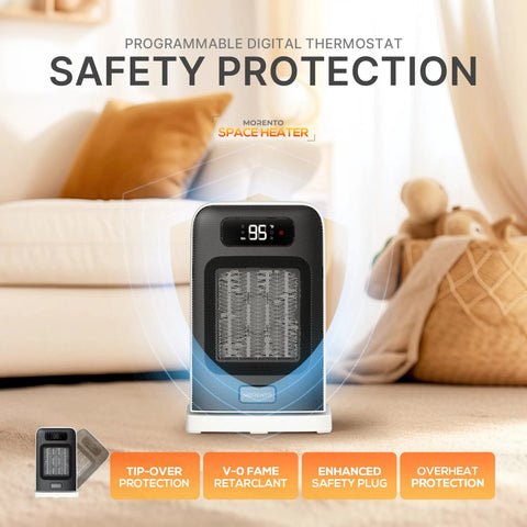 Cozy Up Quick Heat Space Heater With Dual 1500 And 900W Power, shown on a floor with LED display and safety features in living room.