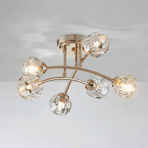 Spuntnik Crystal Ceiling Light Fixture With Six G9 Base Bulbs, Semi Flush Mount, D16 x H10, Clear Crystal With Shining Gold Finish Metal Frame, Modern Glam Accent Lighting For Living Rooms, Dining Rooms, And Hallways