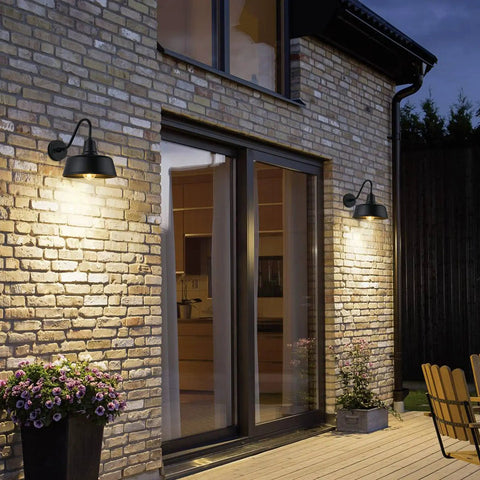 Gooseneck Barn Lights Outdoor Dusk to Dawn Sensor for Porch and Garage Black Exterior Farmhouse Wall Lighting Fixtures Weather Resistant Metal Two Pack 7 Inch Diameter Easy Install on brick wall