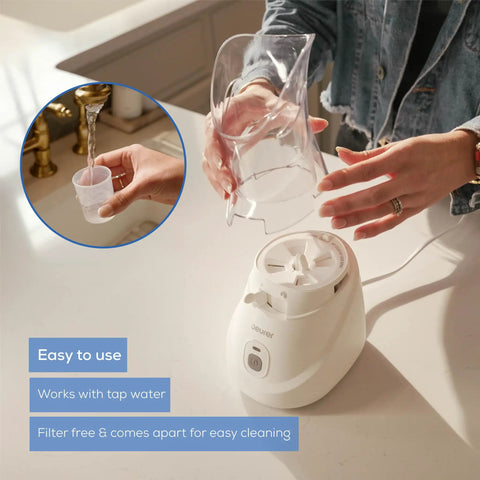 Steam Inhaler For Fast Drug Free Congestion Relief With Adjustable Steam Control, Universal Mask shown with easy setup and water use