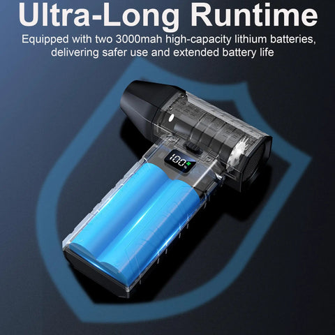 Cordless Compressed Air Duster With Up To 130000 RPM Dust Busting Portable Mini Blower showcasing lithium batteries and runtime display.