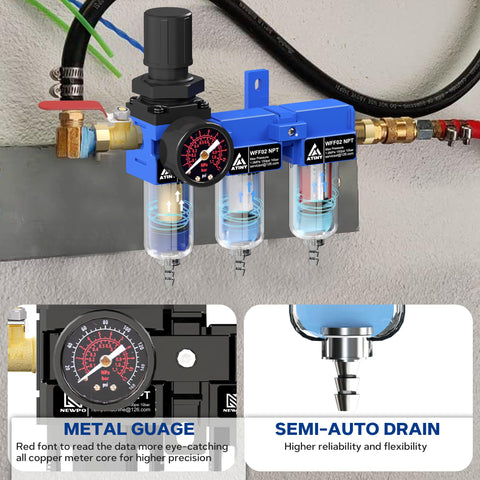 3 Stage Air Dryer System For Compressors With 1/4 Inch NPT, 5 Micron Brass Filter, 0.5 Micron Fiber Filter, wall-mounted with semi-auto drain