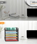 Before and after desk setup with Five Tier Letter Tray Desk Organizer With Handle Metal Mesh Paper Holder And File Organizer.