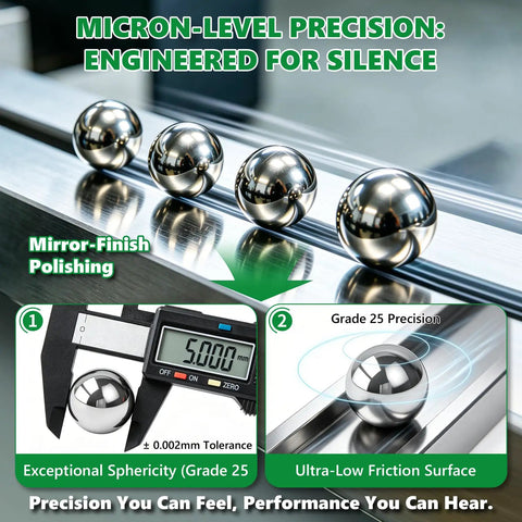 700 Piece Chrome Steel Bearing Balls Set G25 High Precision Imperial Sizes on polished surface with precision displays.