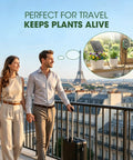 Couple on balcony with inset of 50Ft Solar Automatic Drip Irrigation Kit With USB Charging No Fuss Set It And Forget It Self Watering System