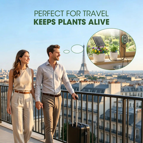 Couple on balcony with inset of 50Ft Solar Automatic Drip Irrigation Kit With USB Charging No Fuss Set It And Forget It Self Watering System