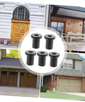 5 Pack Sliding Barn Door Spacers in black high-carbon steel displayed with examples of garage and room doors.