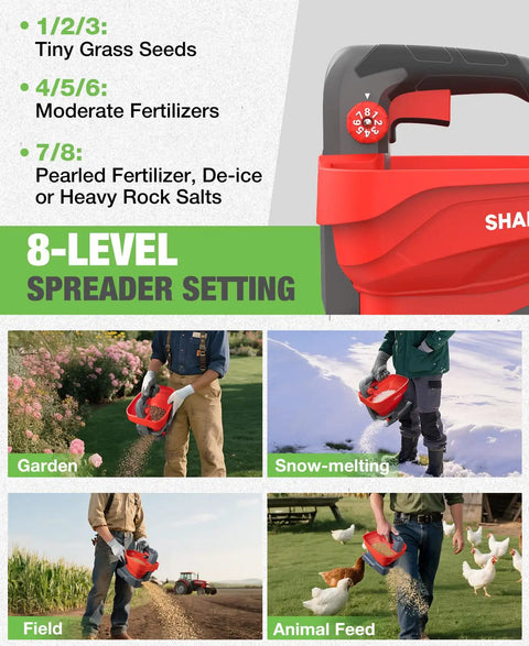 Diagram showing a Battery Powered Fertilizer Spreader For Salt Deicer And Lawn Care with 8 level spread settings.