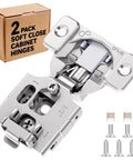 2 Pack 1/2 Inch Overlay Soft Close Cabinet Hinges With Clip On Plate, screws and packaging shown