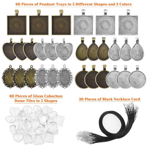 Pendant Tray Jewelry Making Kit With Glass Cabochons 90 Pcs Set Including 30 Bezel Pendants 30 Cabochons And 30 Necklace Cords