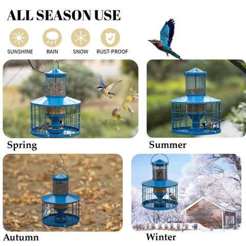 Metal Squirrel-Proof Bird Feeder With 2.8 Lb Seed Capacity, Cage Tube Seed Feeder With Tray in seasonal outdoor settings.