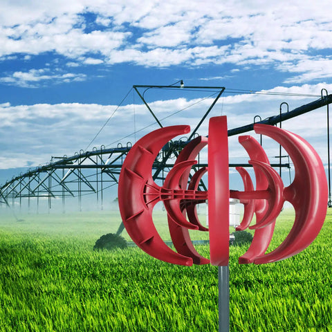 600W Vertical Axis Wind Turbine Kit With 5 High Efficiency Blades, red finish, in field near irrigation system, aluminum frame
