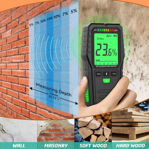 Pinless Moisture Meter For Walls And Wood Non Invasive Water Leak Detector Deep Sweep Surveyor Device measuring moisture on brick wall.