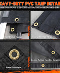Dump Truck And Trailer Tarp Kit With Rear Anti-Sail Bow, Aluminum Roller, 5ft By 14ft PVC Mesh, Easy Install Tarp System For Dump Trailers, Heavy Duty Weatherproof Covering That Keeps Loads Secure. Close-up of PVC tarp hem pockets, brass grommets, and double-stitched edges
