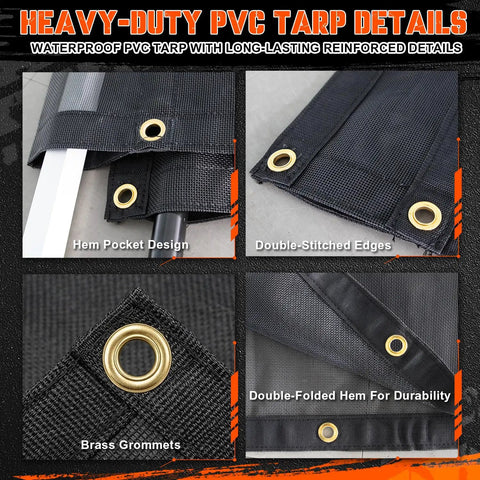 Dump Truck And Trailer Tarp Kit With Rear Anti-Sail Bow, Aluminum Roller, 5ft By 14ft PVC Mesh, Easy Install Tarp System For Dump Trailers, Heavy Duty Weatherproof Covering That Keeps Loads Secure. Close-up of PVC tarp hem pockets, brass grommets, and double-stitched edges