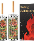 Rolling Grill Basket Set For Dad And Grill Masters, Removable Wooden Handle, 304 Stainless Steel Nesting BBQ Tools next to packaging