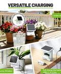 Smart WiFi Solar Drip Irrigation System for Indoor and Outdoor Use with App Control, showing versatile solar charging setup
