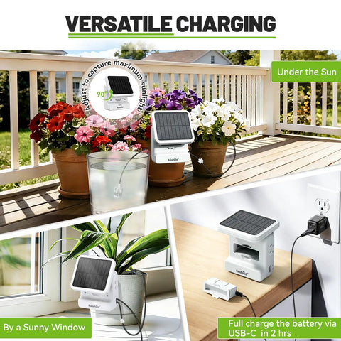 Smart WiFi Solar Drip Irrigation System for Indoor and Outdoor Use with App Control, showing versatile solar charging setup