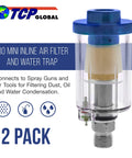 Mini Inline Air Filter Set Two Pack Water And Oil Separator With Drain Valve for air lines, clear with blue top, TCP Global logo