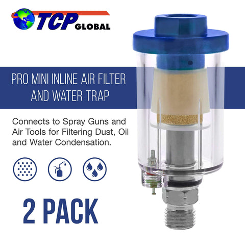 Mini Inline Air Filter Set Two Pack Water And Oil Separator With Drain Valve for air lines, clear with blue top, TCP Global logo