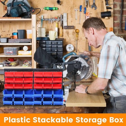 Man working in a garage near an All In One Wall Mount Storage Rack With 30 Bin Heavy Duty Organizer For Nuts Bolts Screws