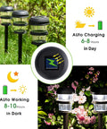 8 Pack Solar Pathway Lights With Twin Ring LED Design For Bright Auto On At Dusk Outdoor Pathway Yard Garden Driveway Black Weather Resistant No Wiring Easy Install, showing charging and working hours