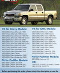 Top Tier Headlight Dimmer Switch Replacement For 2003 To 2007 Chevy Silverado And Gmc Sierra 1500 model compatibility chart with truck images.