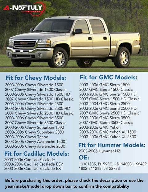 Top Tier Headlight Dimmer Switch Replacement For 2003 To 2007 Chevy Silverado And Gmc Sierra 1500 model compatibility chart with truck images.