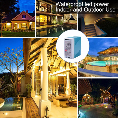 Straight Up Heavy Duty AC DC Din Rail Power Supply 60 Watt 24 Volt in indoor and outdoor lighting settings.