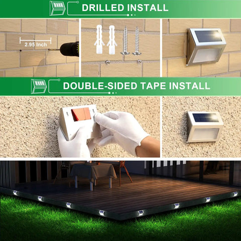 Installation of Solar Outdoor Lights For Deck And Garden Waterproof Pathway Lamps, drilled or taped, shown on deck and wall.