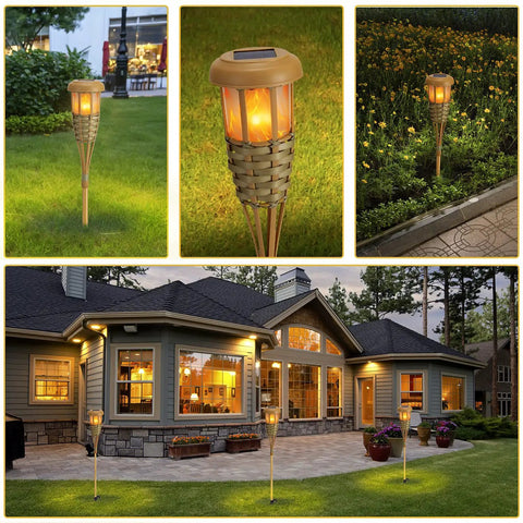 4 Pack Outdoor Solar Torch Lights With Flickering Flame Waterproof Garden Tiki Torches For Yard And Path No Sweat Setup