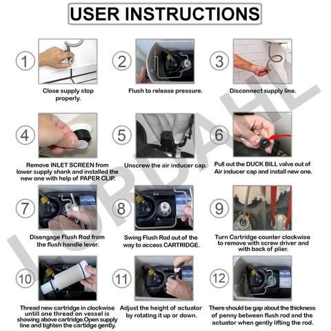 User instructions for Replacement Flush Cartridge C100500K For 500 501 501A 501B 503 504 Toilet Tanks showing installation steps.