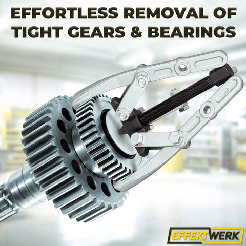 Three Jaw Gear Puller Kit 6 Inch Wheel Bearing Removal Tool for Tight Pulleys, Flywheels and Brake Discs in use on gear